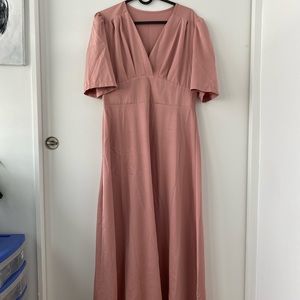 Large Pink V-neck Puff Sleeve A-line Dress